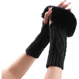 Women's Black Winter Arm Warmers Wrist Thumb Hole Faux Fur Fingerless Gloves